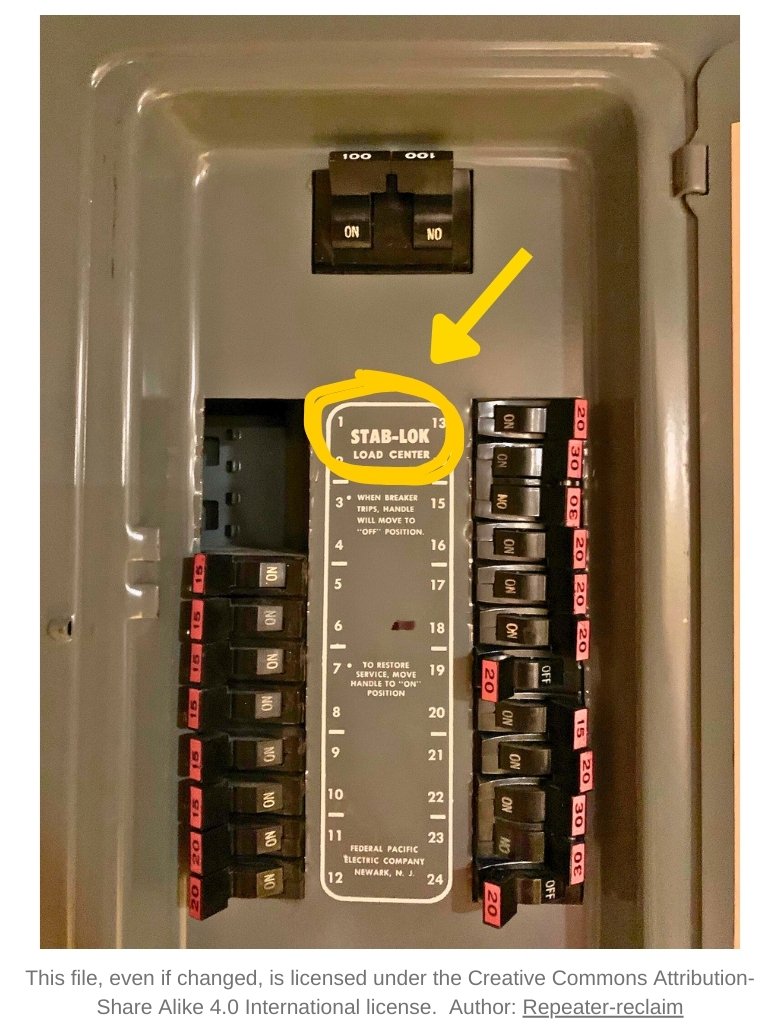 FPE Panel Stab-Lok Circuit Breakers and Your Home | Hettler Insurance Agency, Lubbock Texas, 806-798-7800 | This file, even if changed, is licensed under the Creative Commons Attribution-Share Alike 4.0 International license. Author: Repeater-reclaim