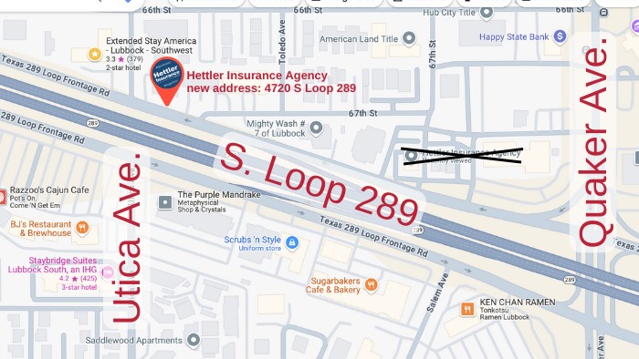 Hettler Insurance Agency Map, New Address 2024Sept30, 4720 S Loop 289 Lubbock Texas, Phone 806-798-7800