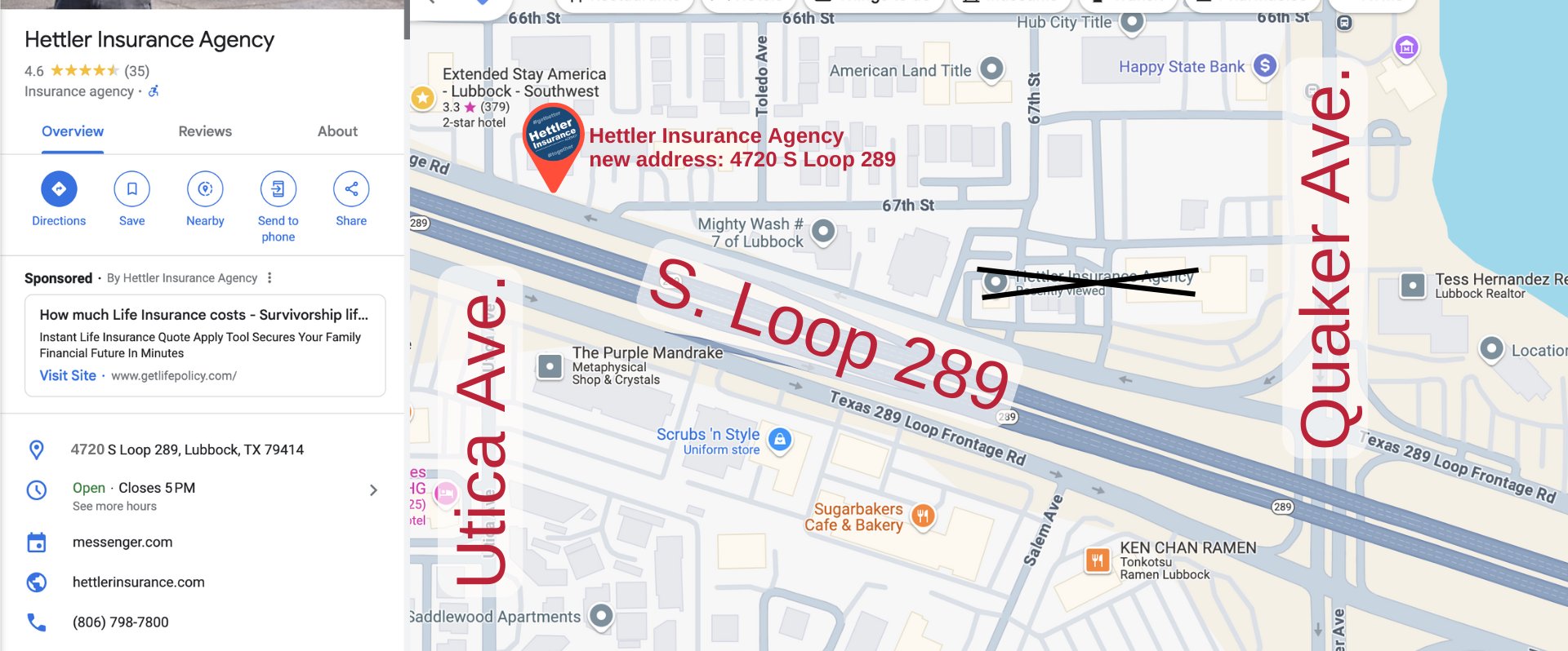 Google Maps Hettler Insurance Agency, Lubbock Texas, 4720 S Loop 289 Lubbock TX 79414, Phone 806-798-7800