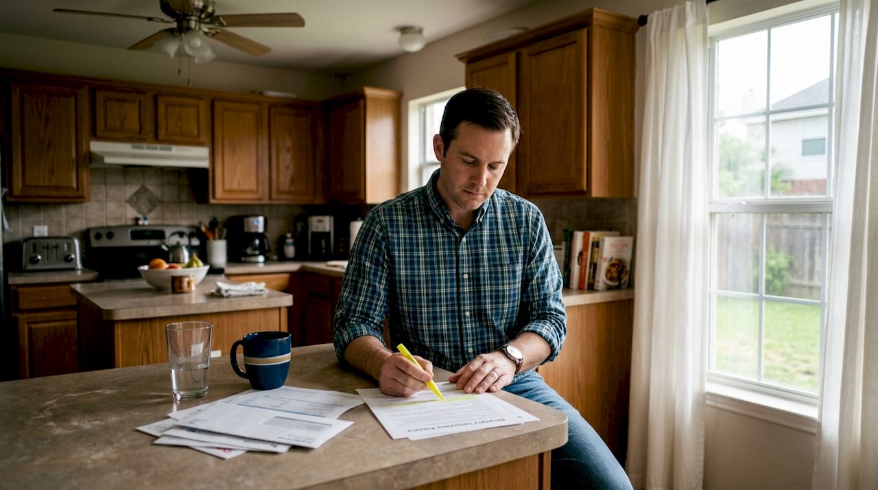 Texas homeowner reviews insurance document at kitchen