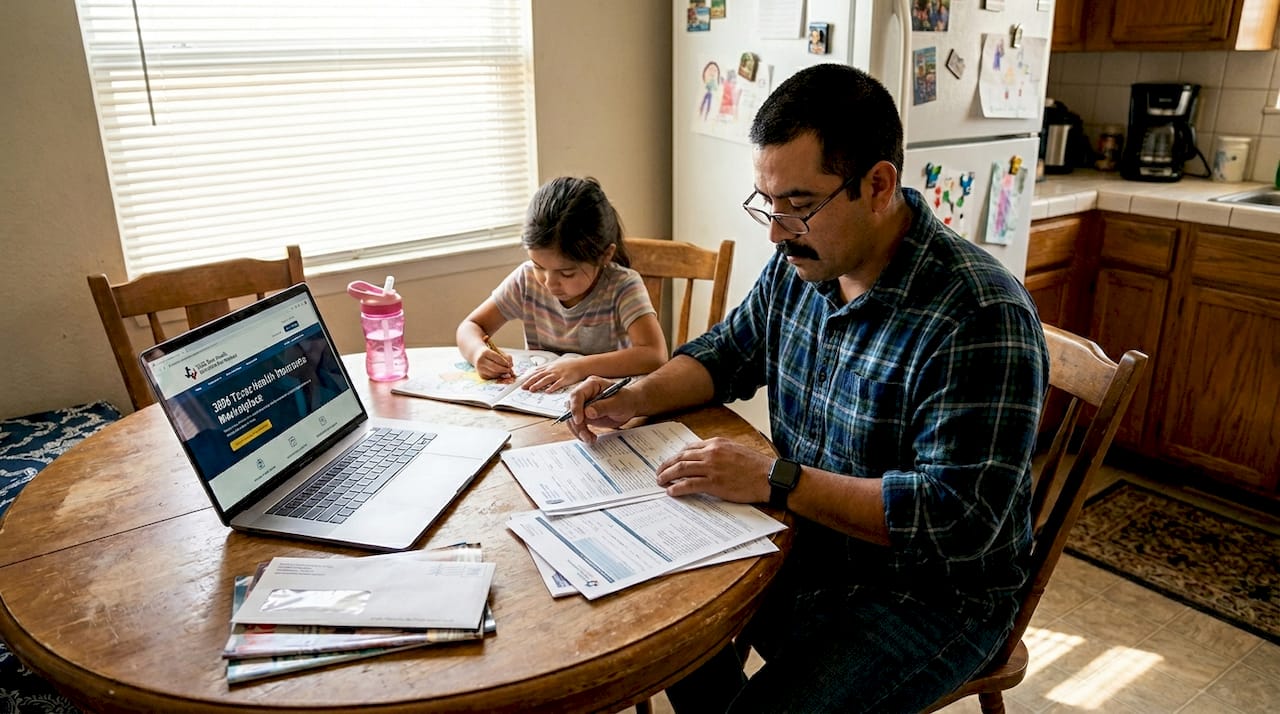 Father and daughter reviewing insurance documents at home
