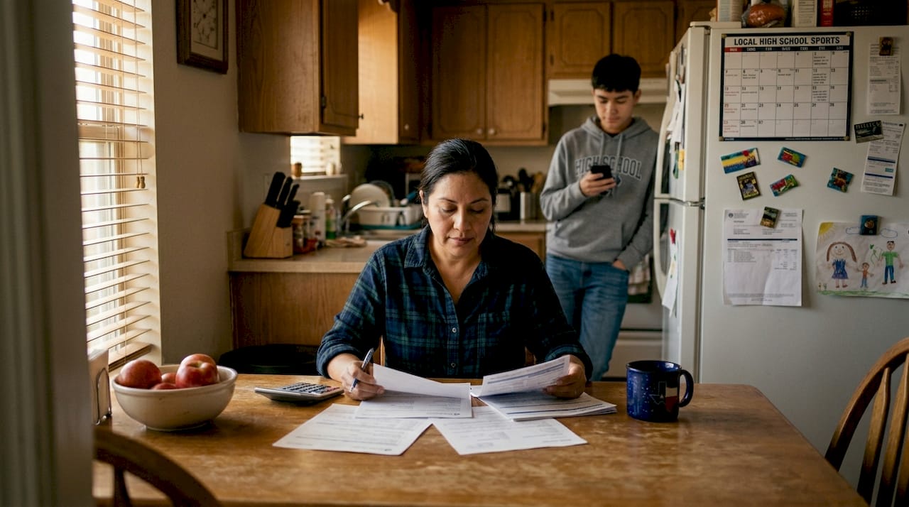 Texas mother reviewing life insurance papers at kitchen table