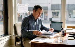 Business owner sorting insurance papers at desk in Lubbock Texas