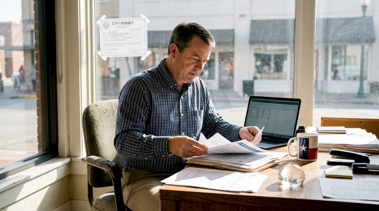 Business owner sorting insurance papers at desk in Lubbock Texas
