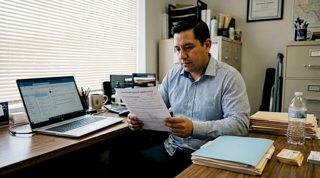 Texas small business owner reviews insurance papers