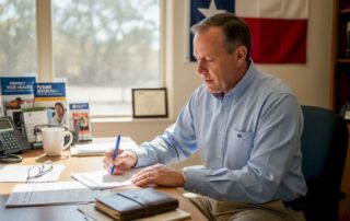 Texas insurance agent working at cluttered desk