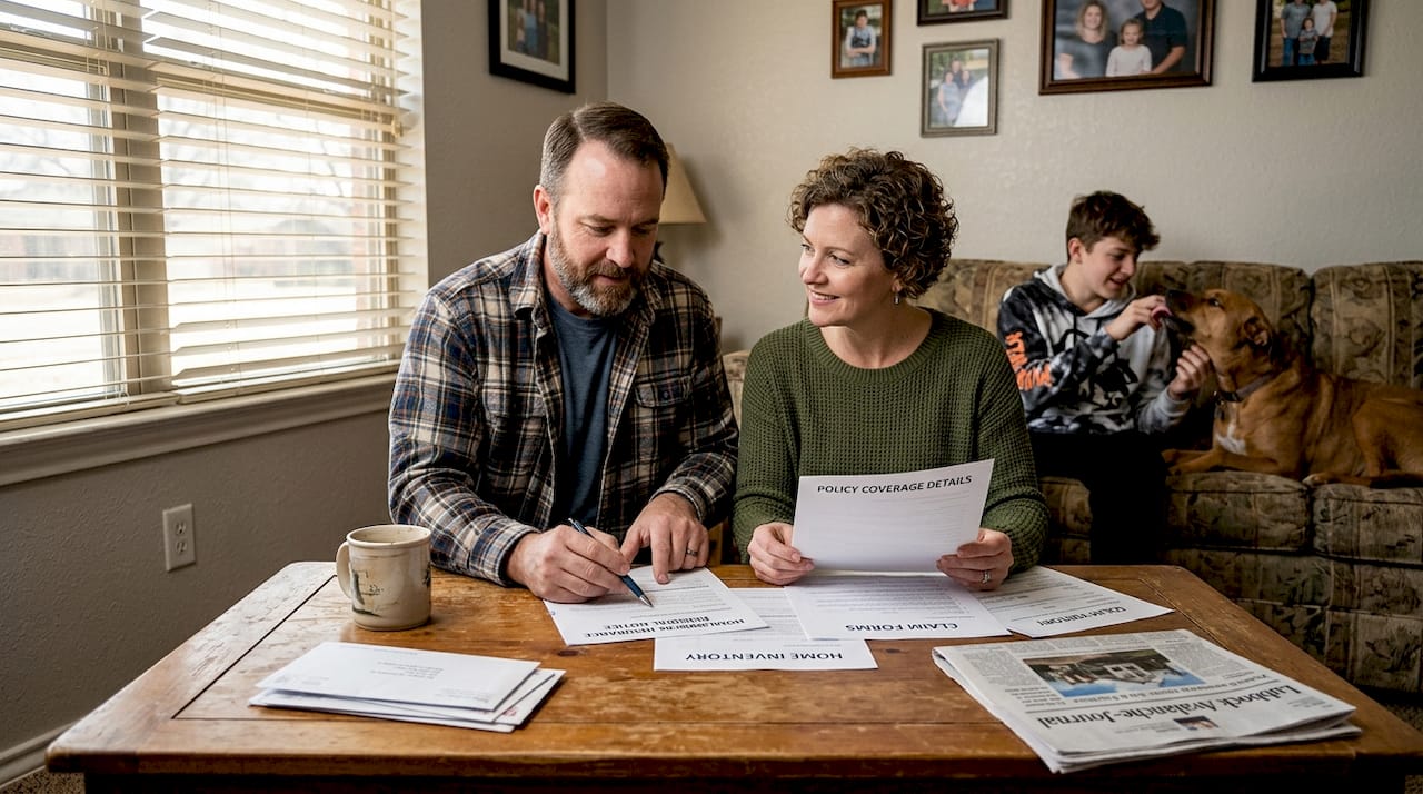Texas family reviewing home insurance documents
