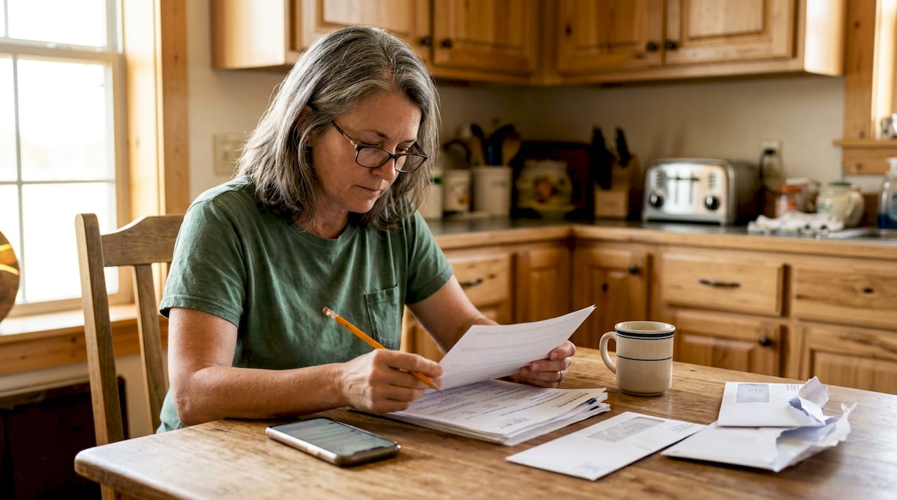 Texas homeowner reviewing insurance paperwork at kitchen table