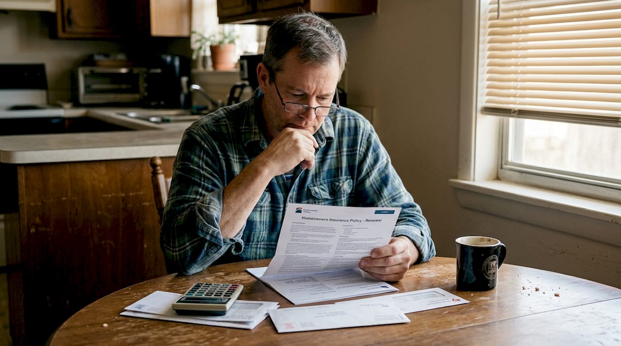 Texas homeowner reading insurance documents at kitchen table