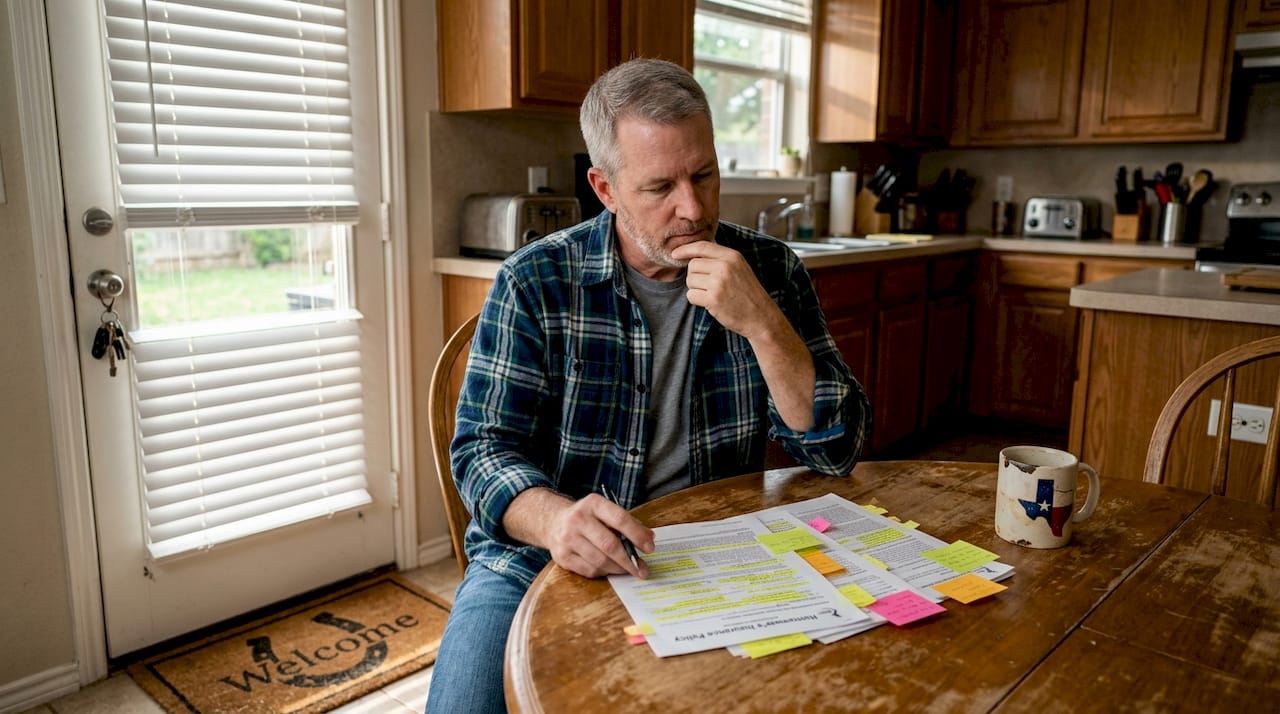 Texas homeowner reading insurance documents at kitchen table
