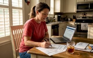 Woman reviewing auto insurance forms at home
