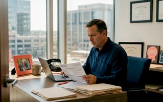 Insurance agent reviewing policy workflow at desk