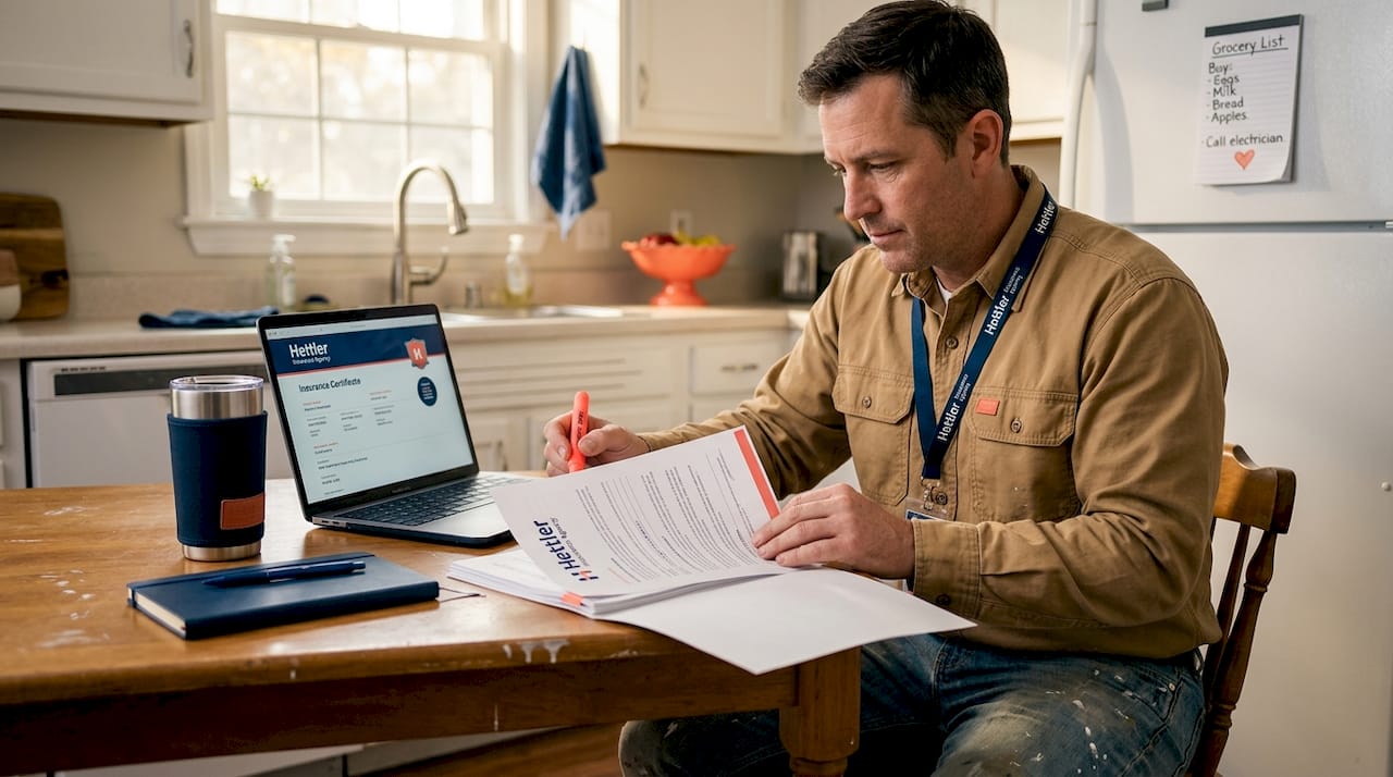 Texas contractor reviewing insurance documents at kitchen table
