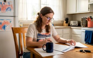 Woman reading Texas auto insurance documents at kitchen table