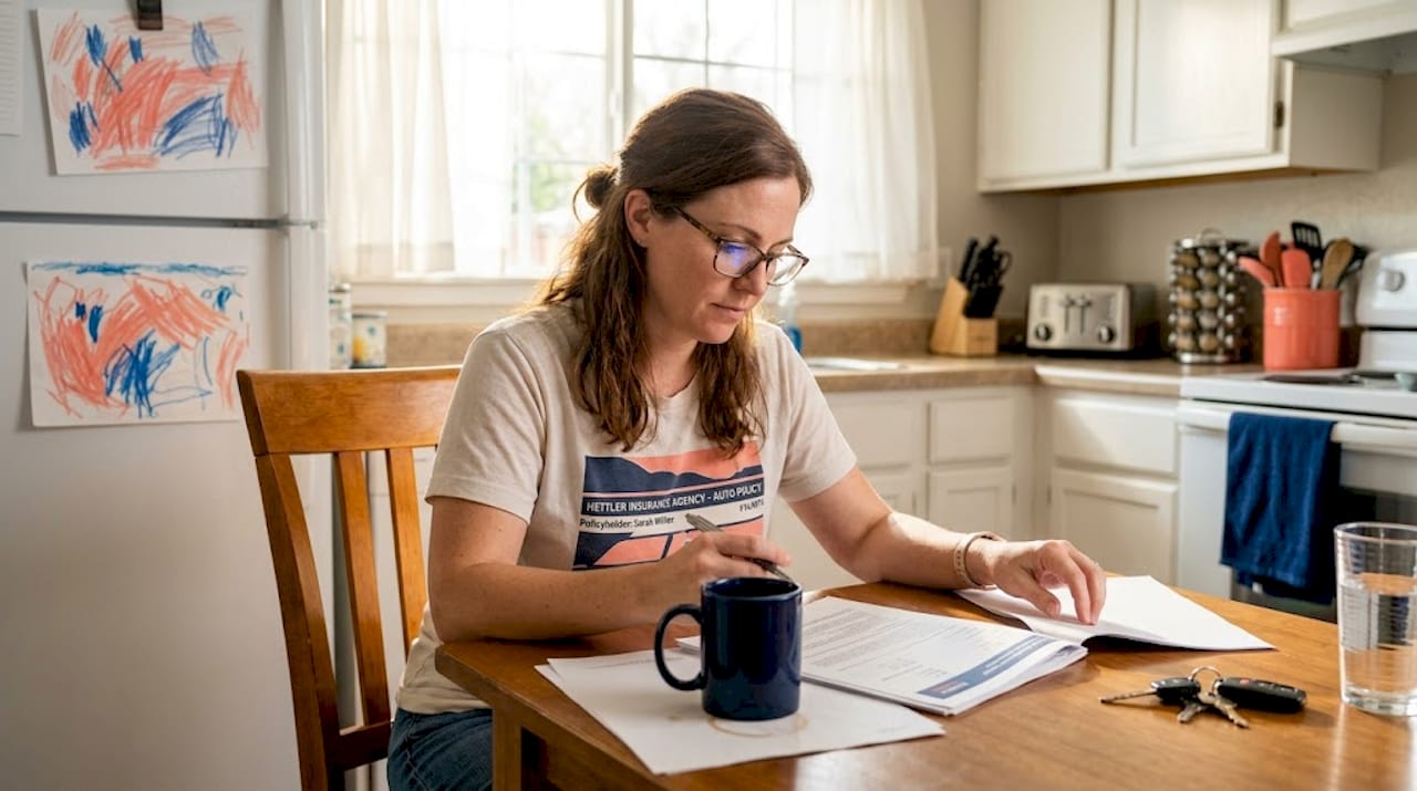 Woman reading Texas auto insurance documents at kitchen table
