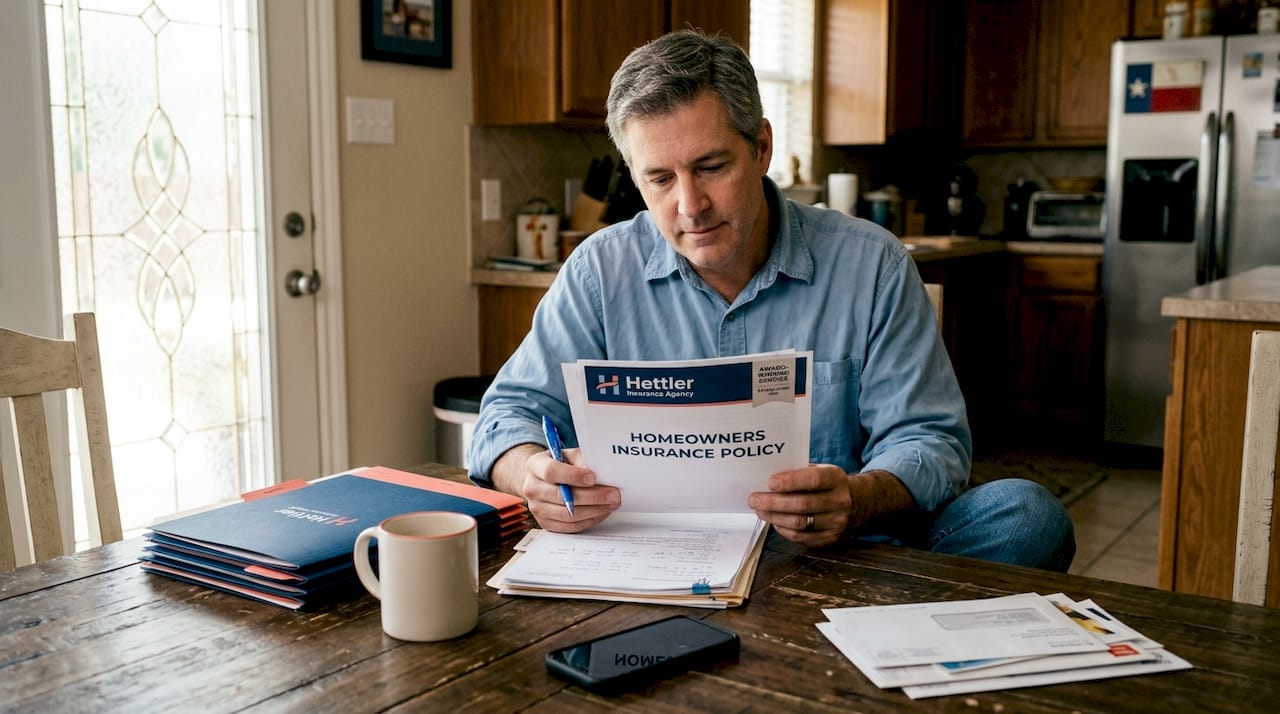 Homeowner reviewing insurance paperwork in Lubbock kitchen