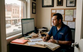 Texas small business owner updating accounting records