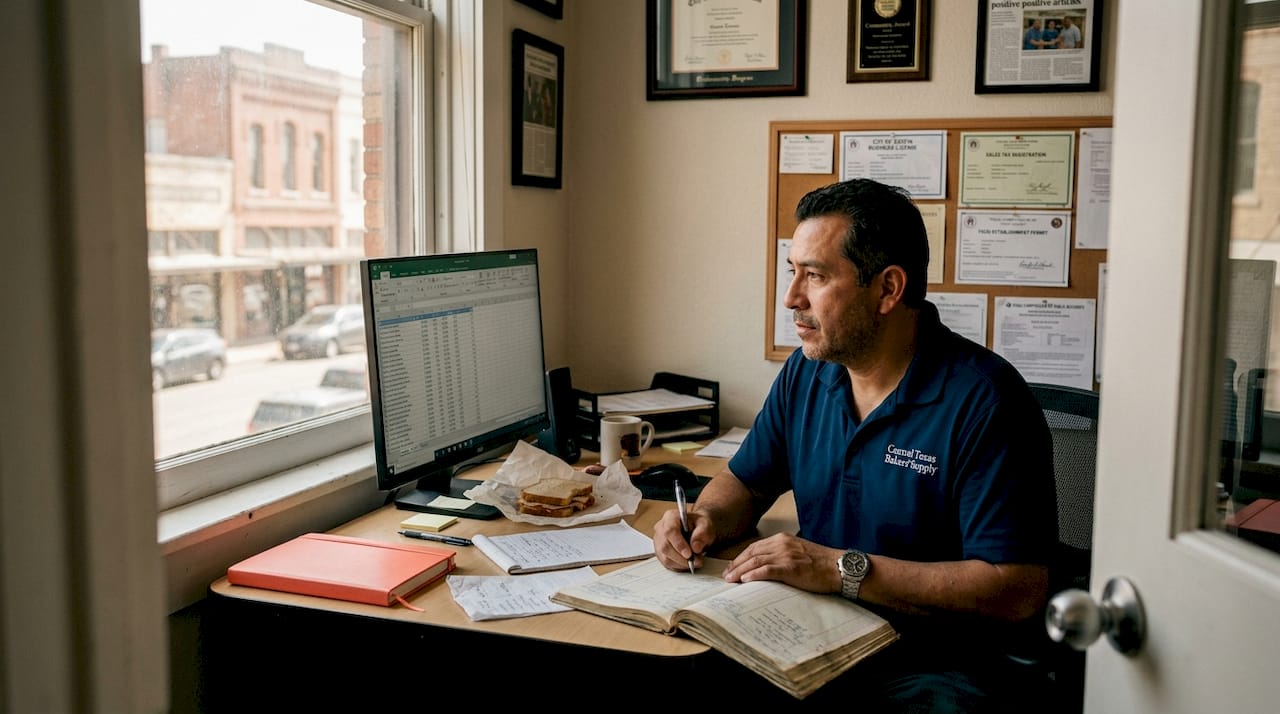 Texas small business owner updating accounting records