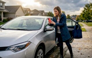 Woman photographing car hail damage on Lubbock Texas street