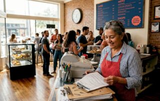 Texas restaurant owner reviews insurance papers in Lubbock