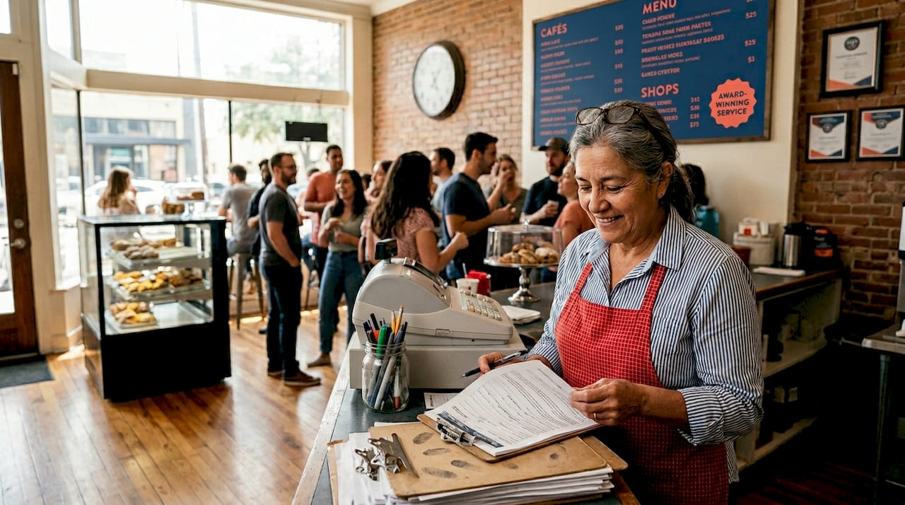 Texas restaurant owner reviews insurance papers in Lubbock