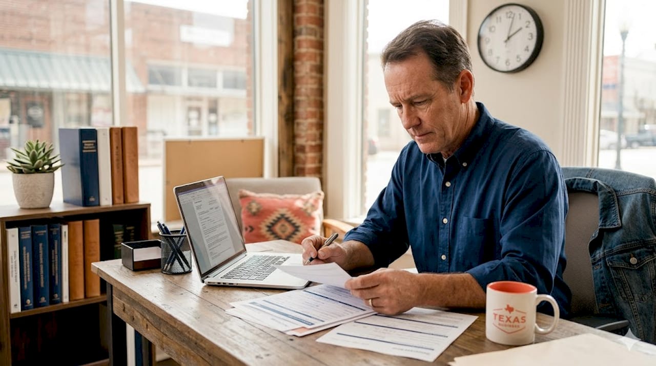 Texas small business owner reviews insurance paperwork in Lubbock Texas
