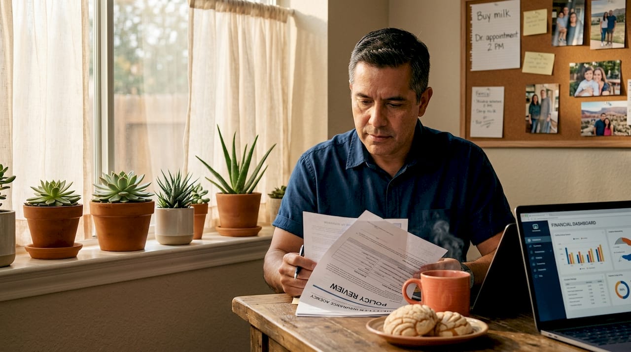 Man reviewing home insurance at kitchen table