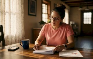 Texas homeowner reviews insurance documents in kitchen