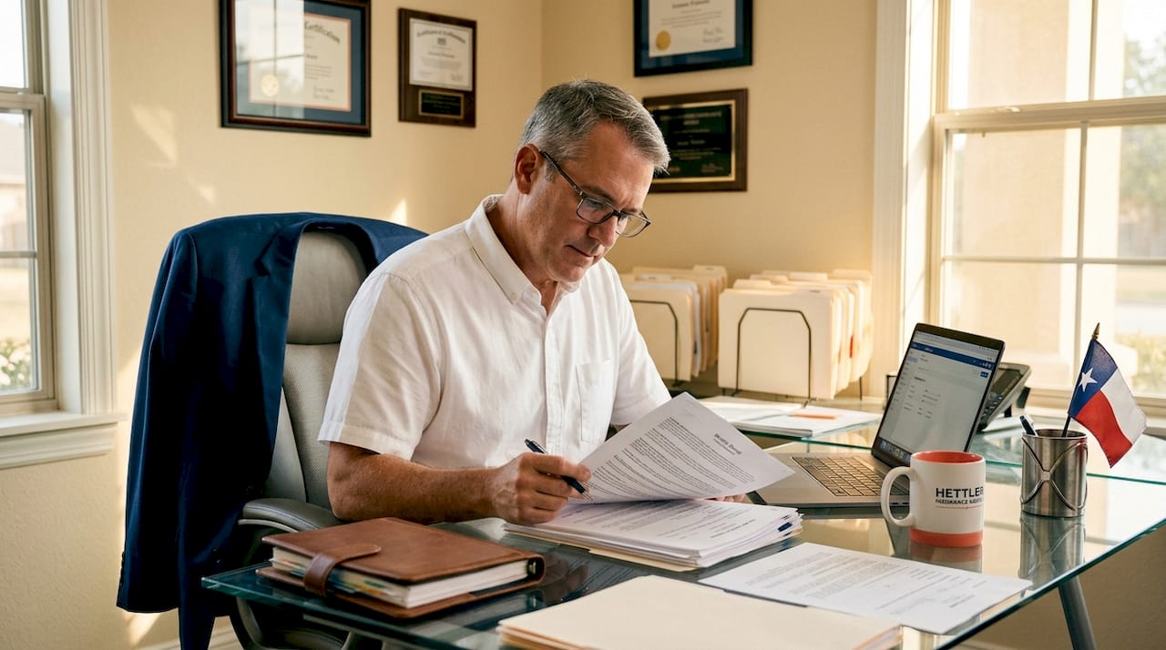 Contractor reviewing surety bond paperwork in Lubbock Texas office