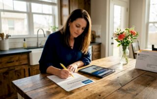 Lubbock Texas Homeowner reviews insurance documents at kitchen table