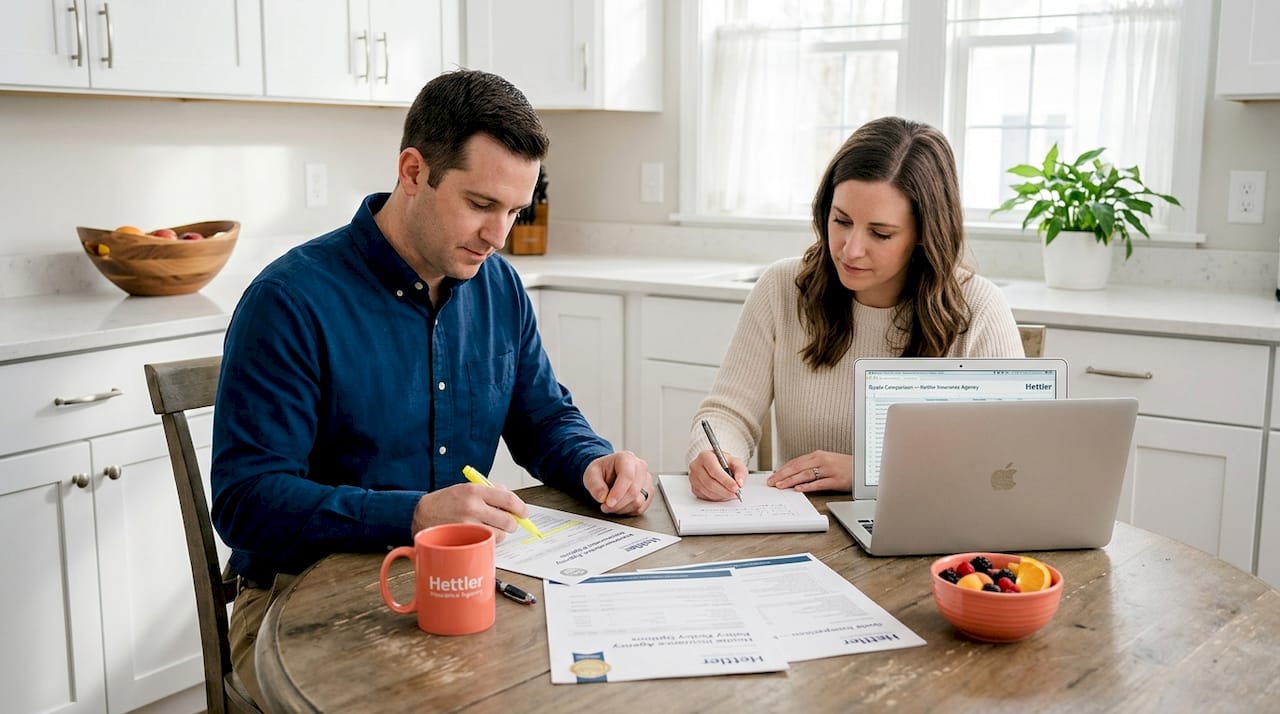 Texas couple reviewing insurance quotes at kitchen table in Lubbock Texas