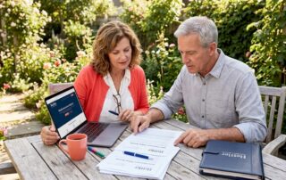 Lubbock Texas couple in a sunny rose garden reviewing Hettler Insurance policy documents together with laptop and Hettler binder.