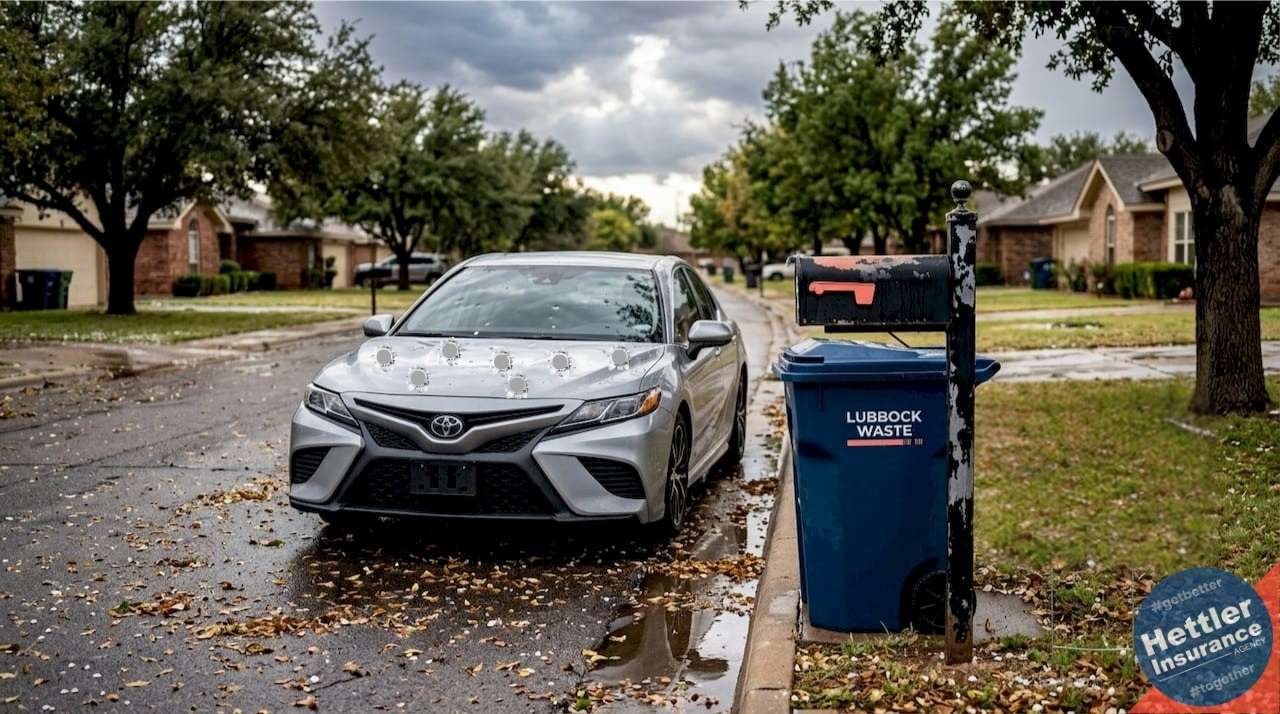 Car with hail damage on Texas street after storm | Hettler Insurance Agency, Lubbock Texas, call phone 8067987800