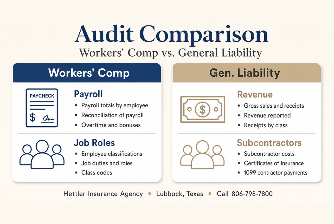 Workers Comp vs General Liability, Infographic Shows Audit Comparison Differences By Policy Type | Hettler Insurance Agency, Lubbock Texas, phone 8067987800, address 4720 S Loop289