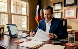 Lubbock Texas insurance agent in navy blazer reviewing Texas Commercial Umbrella Policy at mahogany desk with Texas flag behind.