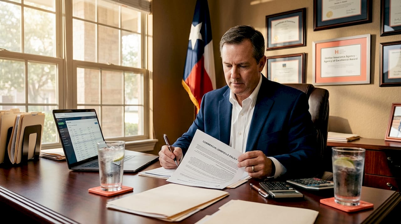 Lubbock Texas insurance agent in navy blazer reviewing Texas Commercial Umbrella Policy at mahogany desk with Texas flag behind.
