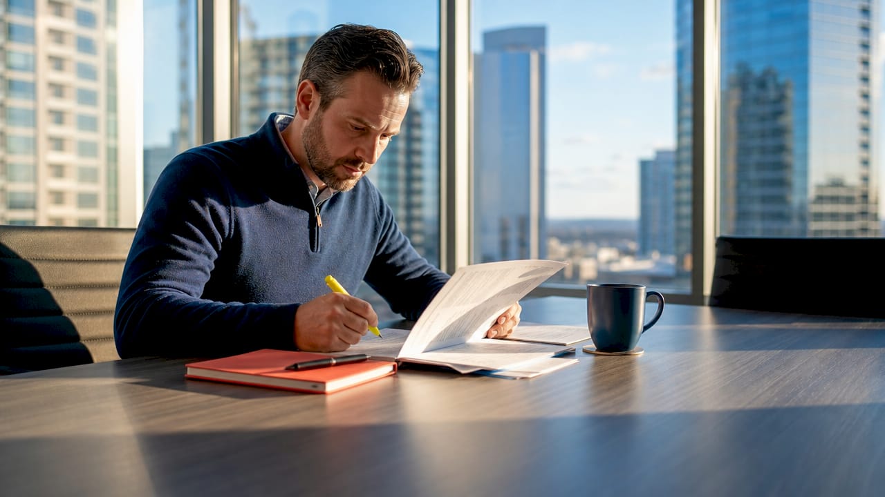 Young Texas business owner in navy pullover highlighting insurance document at high-rise office desk with skyline behind.