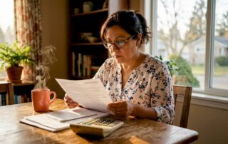 Woman in glasses studying a Texas insurance policy document at wooden kitchen table with calculator, notes, and steaming mug.