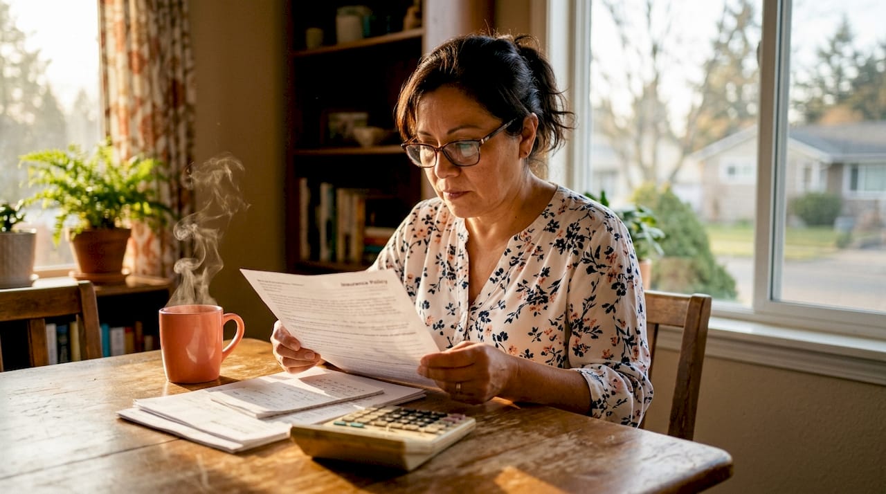 Woman in glasses studying a Texas insurance policy document at wooden kitchen table with calculator, notes, and steaming mug.