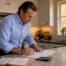 Texas man in light blue shirt reviewing commercial insurance policy at granite kitchen counter with notebook and calculator.