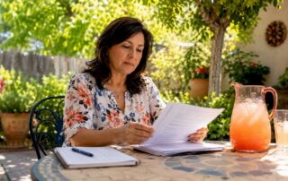 Woman in floral blouse reviewing Texas flood insurance policy documents at a tiled patio table in a sunny courtyard.