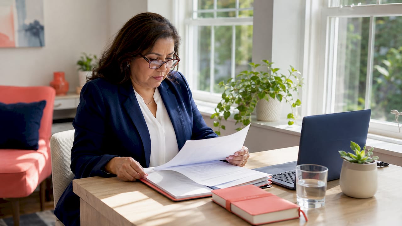 Texas independent insurance agent in navy blazer reviewing a client policy binder at a light wood desk in a bright Texas home office.
