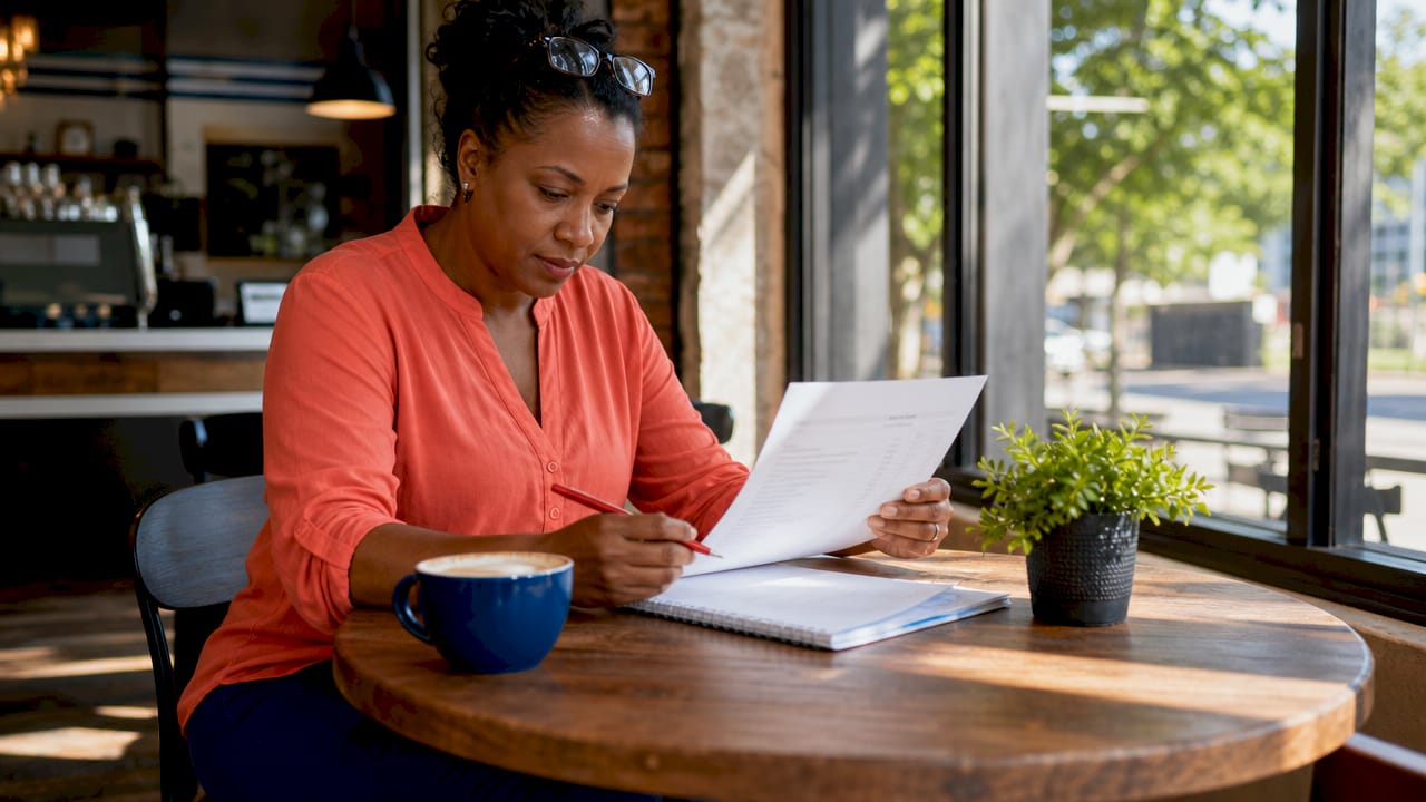 Small business owner in coral henley writing notes on a Texas business personal property inventory spreadsheet at a café table.