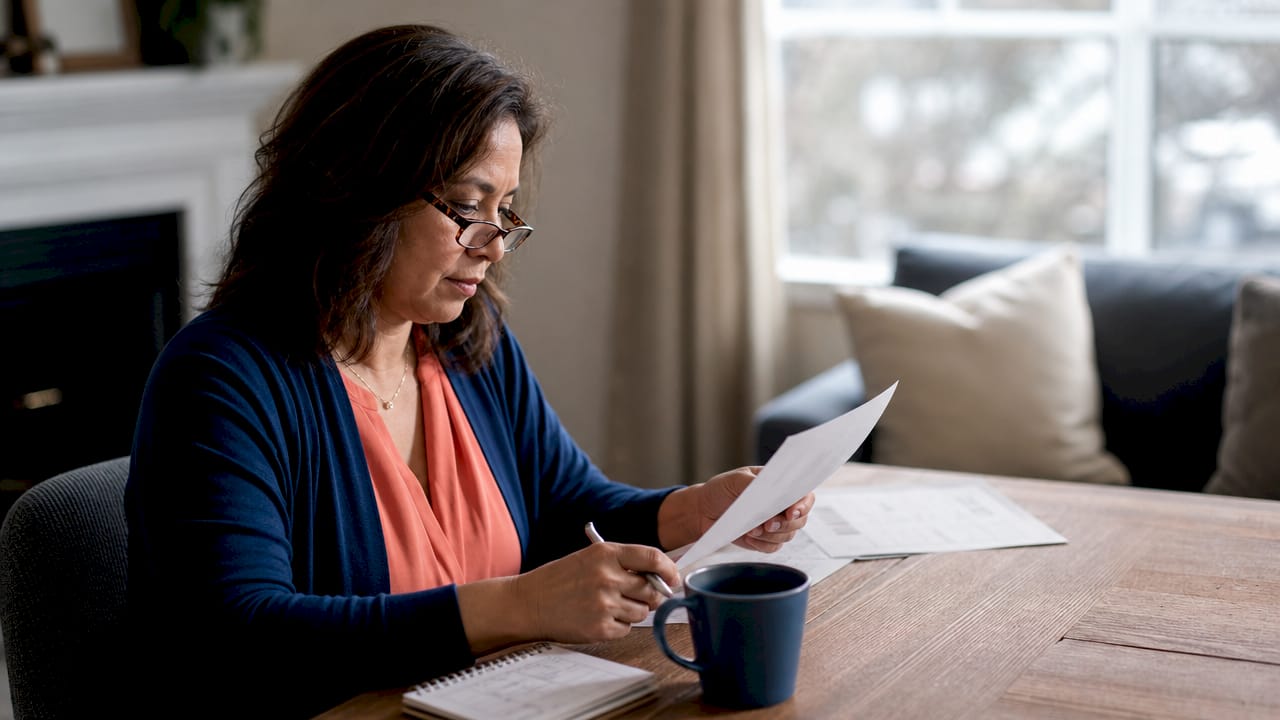 Small business owner in navy cardigan reviewing a Texas commercial insurance quote at a wood dining table with a notebook.
