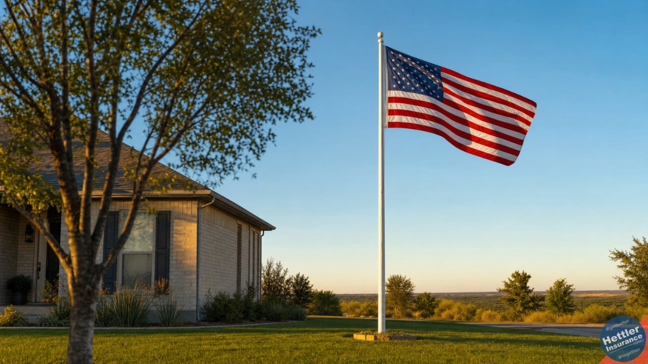 American flag waving on a tall flagpole over a Lubbock Texas front yard at sunset for the 250th Fourth of July, Independence Day