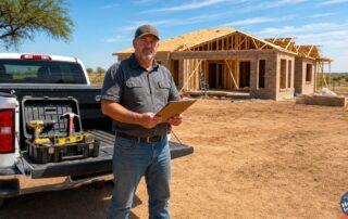 West Texas contractor in front of white pickup with open toolbox at Lubbock residential construction site