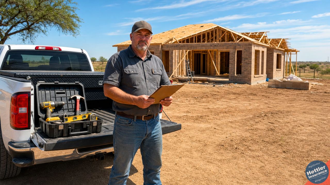 West Texas contractor in front of white pickup with open toolbox at Lubbock residential construction site