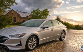 Silver sedan parked on a wet West Texas driveway after a hailstorm with hailstones on the pavement and storm clouds breaking into golden light over a Lubbock-area home.