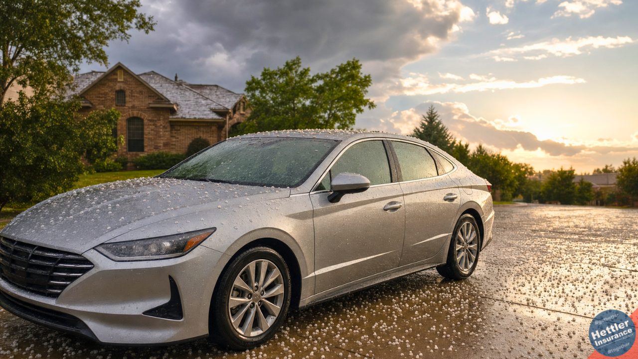 Silver sedan parked on a wet West Texas driveway after a hailstorm with hailstones on the pavement and storm clouds breaking into golden light over a Lubbock-area home.