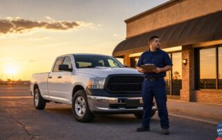 White commercial work pickup truck at sunset outside a Lubbock Texas business with a worker holding a clipboard.